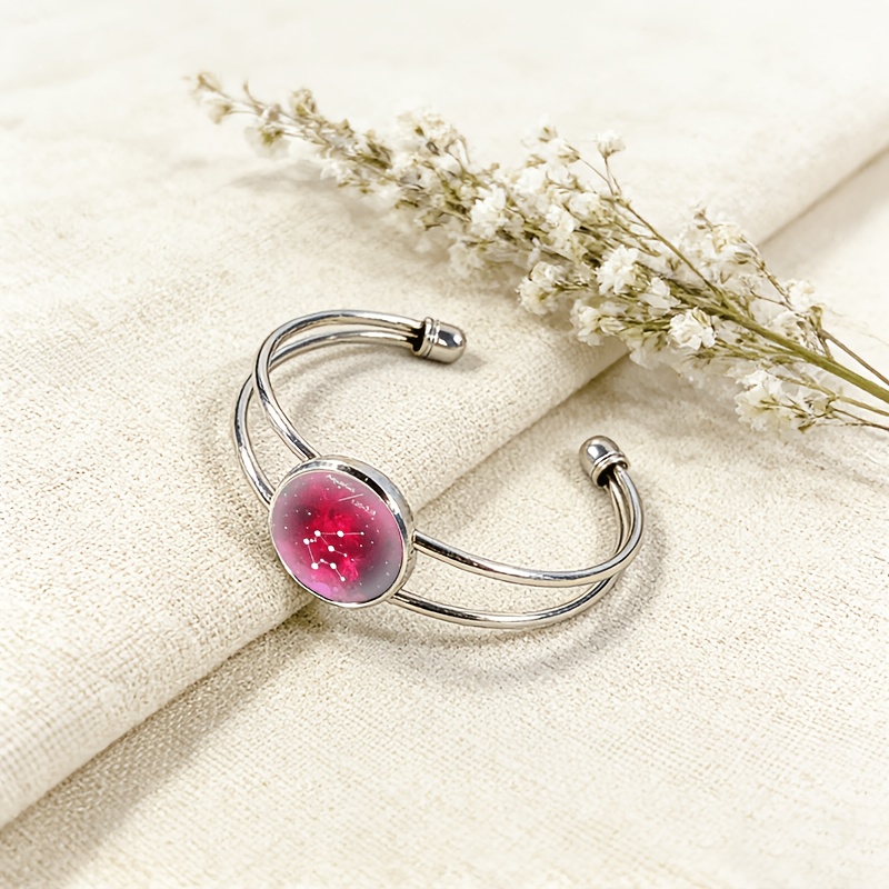 Adjustable Open Bangle with Zodiac Sign Gemstone Inlay